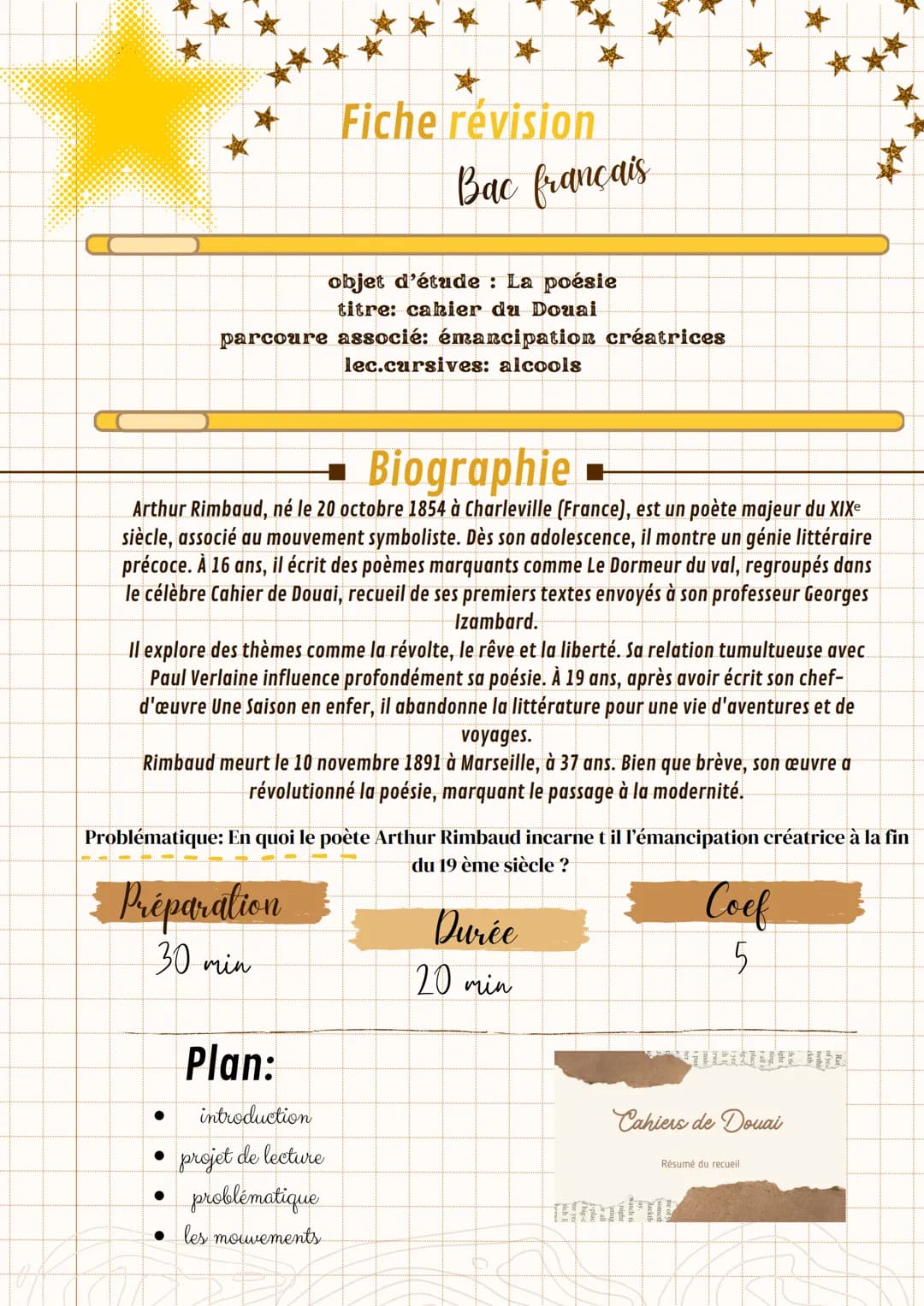Fiche révision
Bac français
**
objet d'étude : La poésie
titre: cahier du Douai
parcoure associé: émancipation créatrices
lec.cursives: alco
