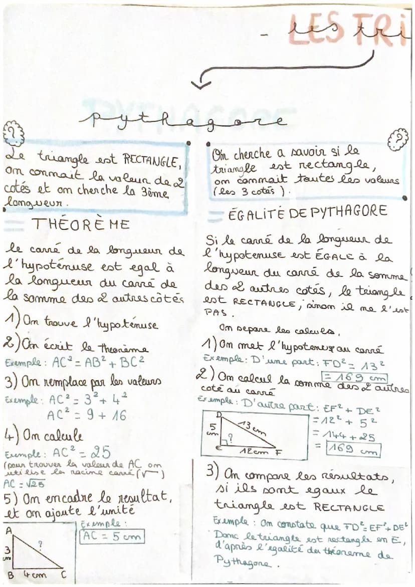 Le triangle est RECTANGLE,
am conmait la valeur de 2
cotés et om cherche la 3ème
long veur
THÉORE ME
le carré de la longueur de
l'hypotenuse