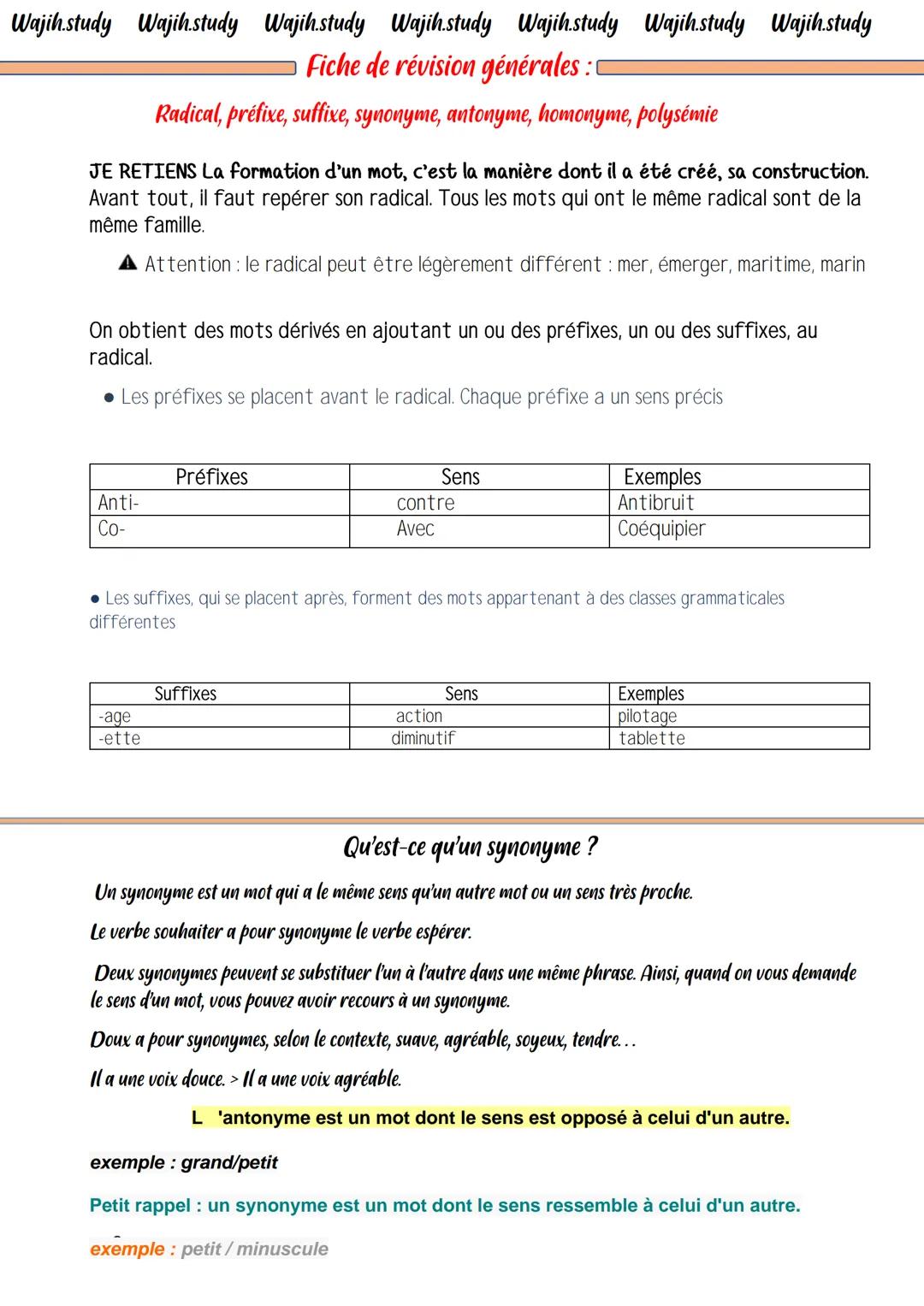 Wajih.study Wajih.study Wajih.study Wajih.study Wajih.study Wajih.study Wajih.study
Fiche de révision générales :
Radical, préfixe, suffixe,