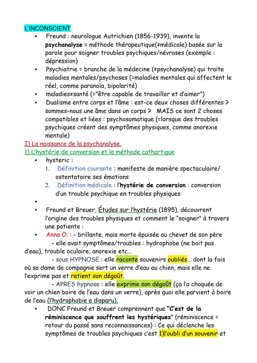 L'INCONSCIENT
Freund: neurologue Autrichien (1856-1939), invente la
psychanalyse = méthode thérapeutique(‡médicale) basée sur la
parole pour