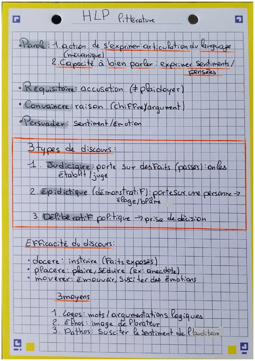 HLP Pitterature
•Parole: 1. action de s'exprimer articulation du language
(mecanique)
2. Capacité à bien parler: expriver Sentiments/
•Requi