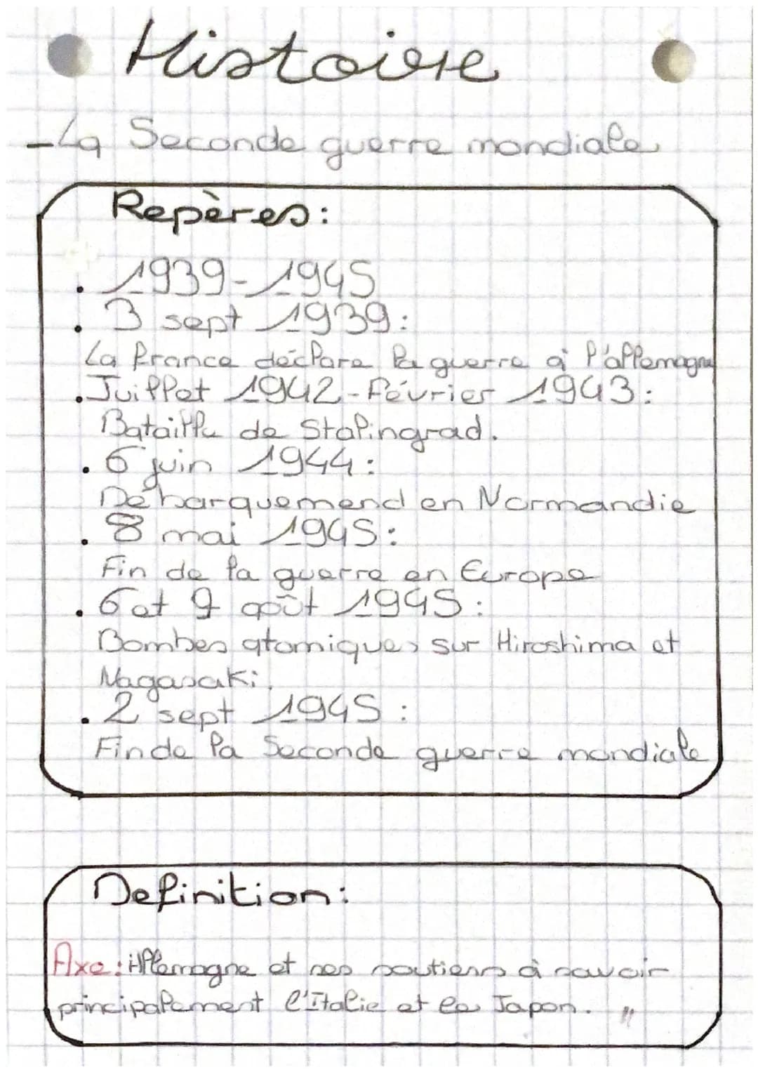 Histoire
-La Seconde
Repères:
guerre mondiale
1939-1945
3 sept 1939:
La France declare Pa guerre à l'affemagne
•●Juiffet 1942-Fourier 1943:
