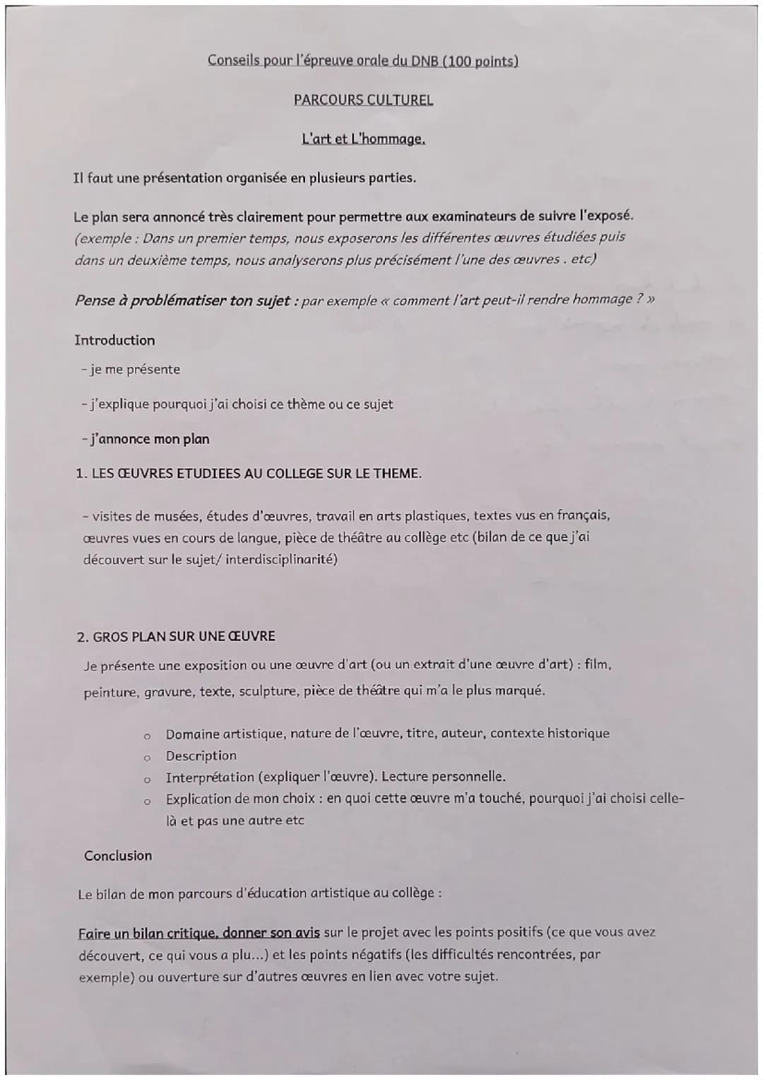 Plan pour l'oral du brevet