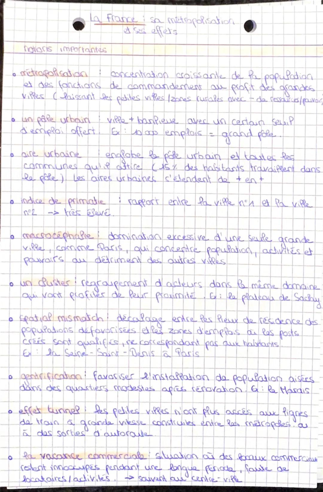 # La France : sa metropolisation
et ses effers

notionis importantes

*   metropolisation : concentration croissante de la population
et des