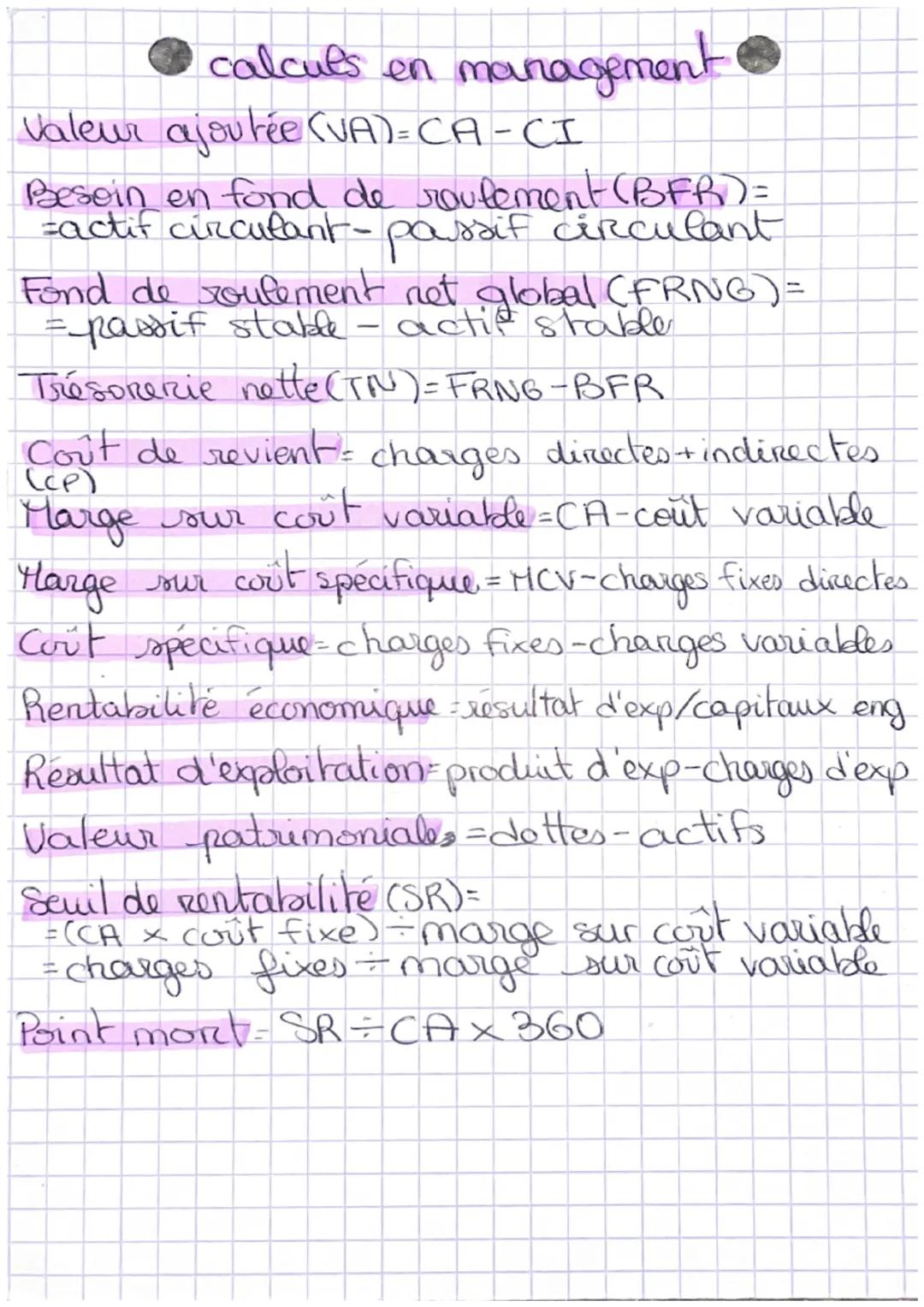 calculs en management.
Valeur ajoutée (VA) = CA - CI
Besoin en fond de roulement (BFB) =
=actif circulant-passif circulant
Fond de roulement