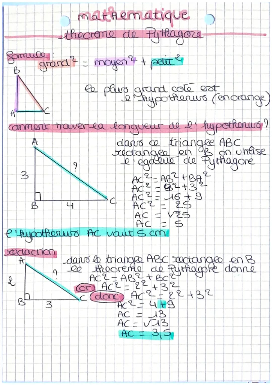 Sormule
B
3
&
grand ² = moyen ² + petit
A
comment trouver la longueur de I hypotherws?
A
dans ce triangle ABC
rectangle en B on untise
e ega