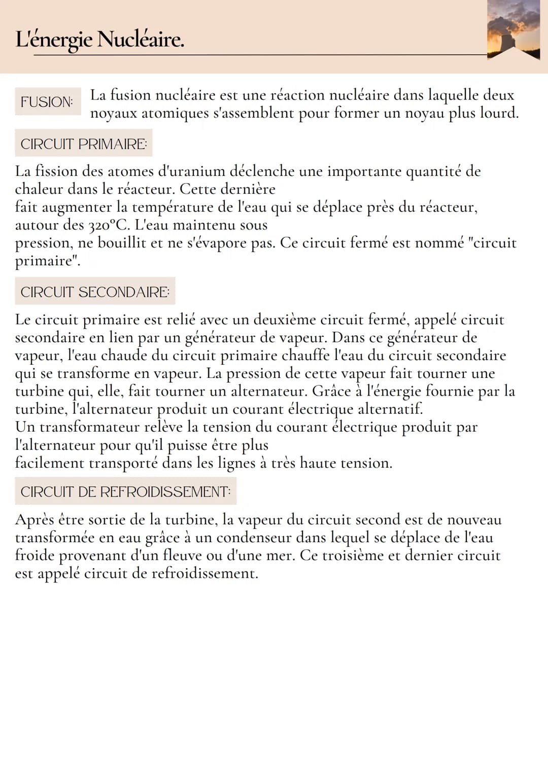 L'énergie Nucléaire.
QU'EST-CE QUE LE NUCLÉAIRE ?
Dépendante d'un combustible fissile (uranium), l'énergie nucléaire permet de
produire de l