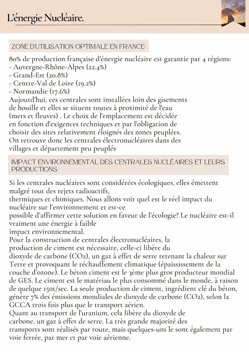 L'énergie Nucléaire.
QU'EST-CE QUE LE NUCLÉAIRE ?
Dépendante d'un combustible fissile (uranium), l'énergie nucléaire permet de
produire de l