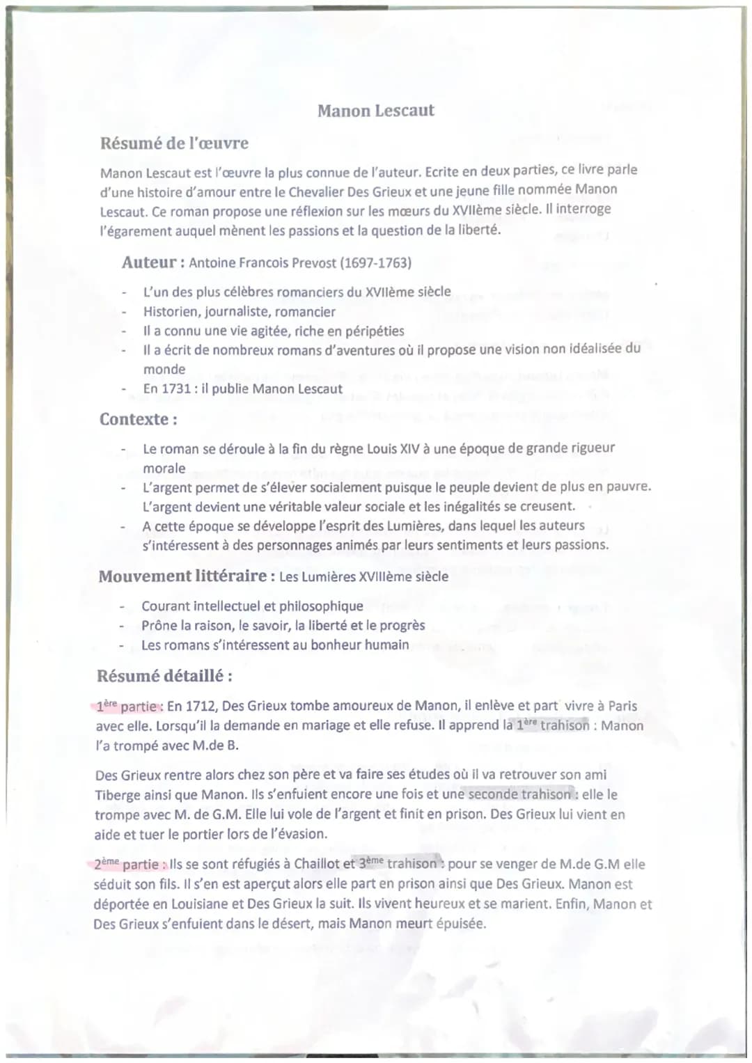 Dissertation Manon Lescaut - Plan, Résumé et Analyse