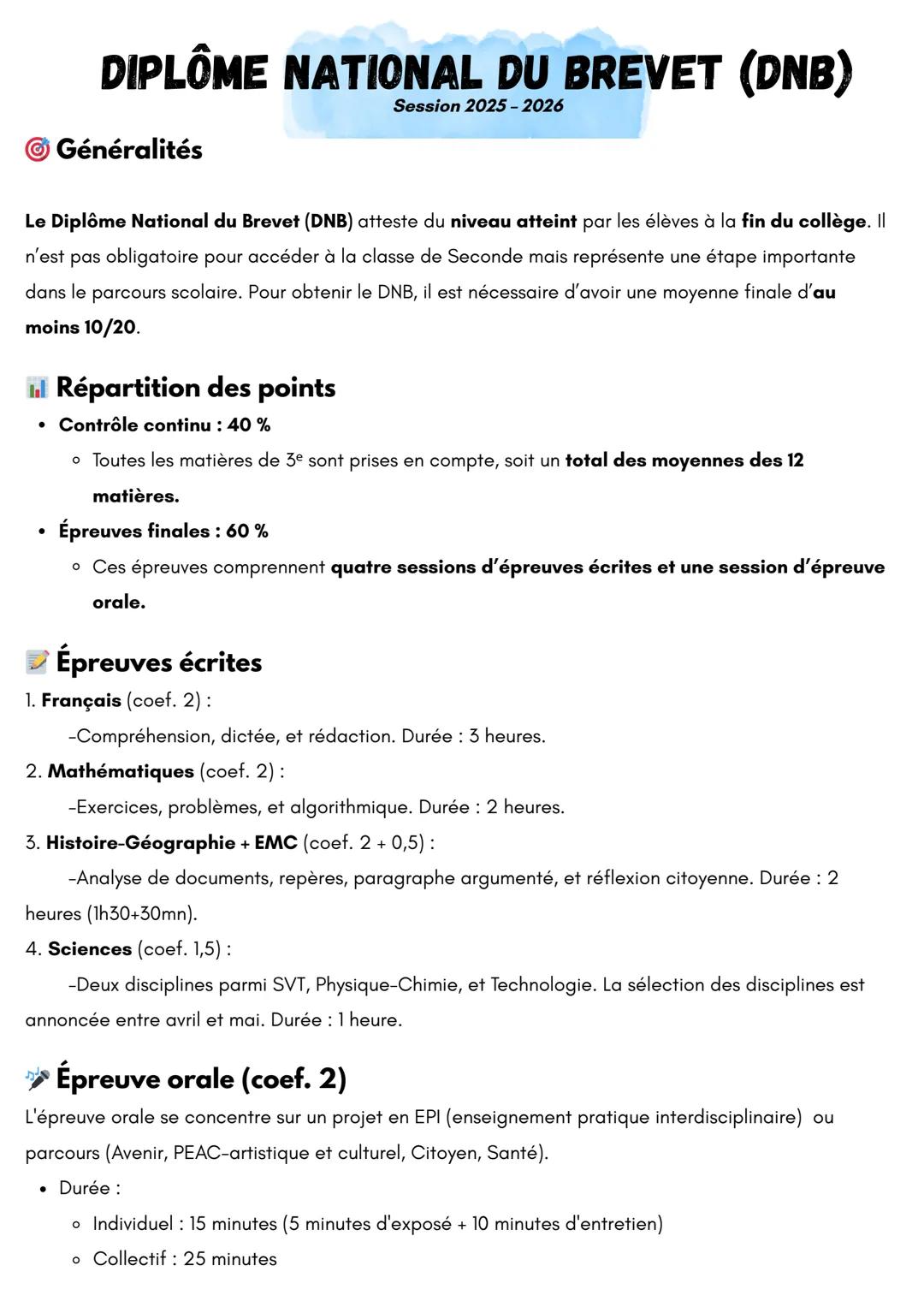 # DIPLÔME NATIONAL DU BREVET (DNB)

Session 2025-2026

© Généralités

Le Diplôme National du Brevet (DNB) atteste du niveau atteint par les 