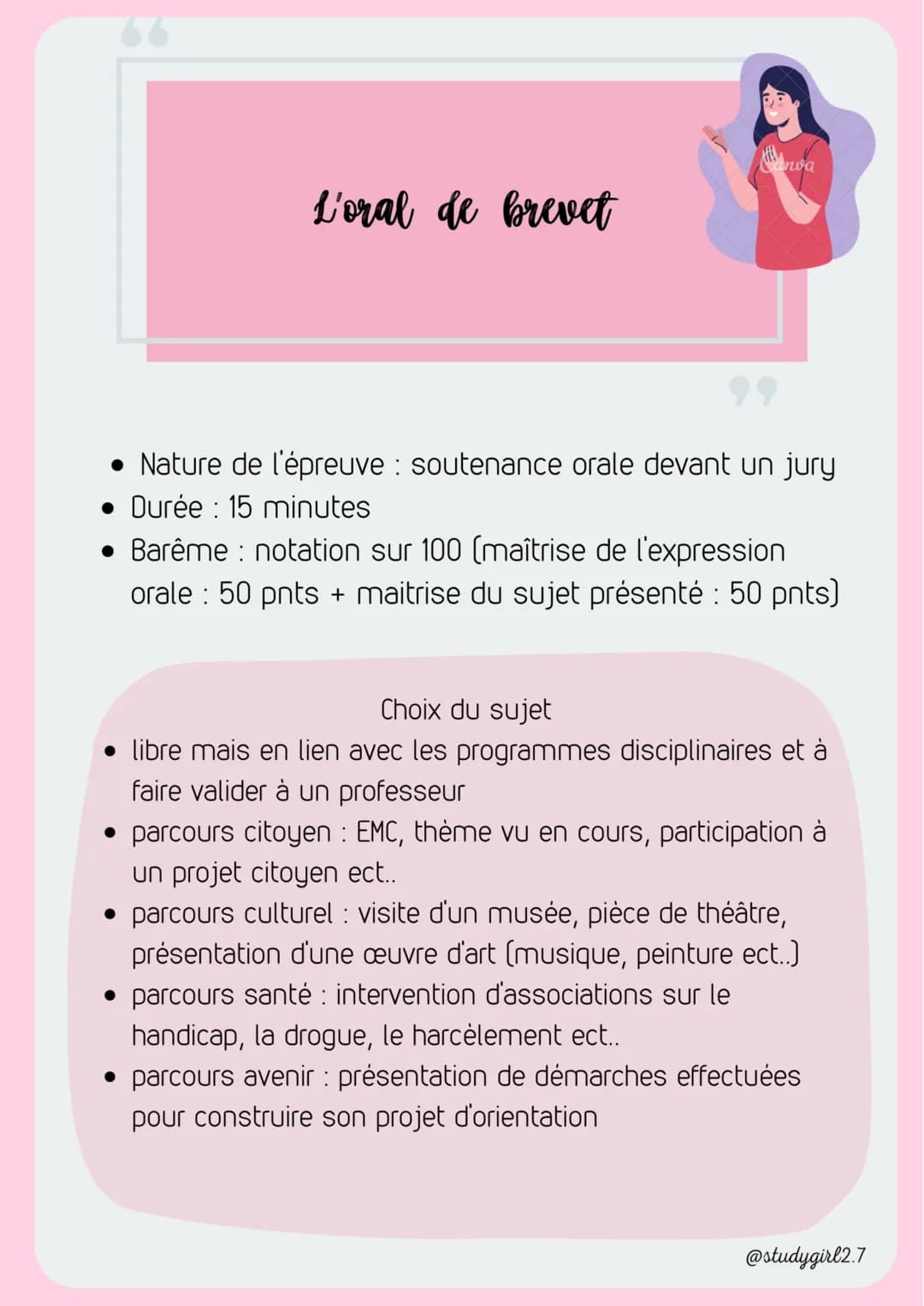 L'oral de brevet
Aanva
• Nature de l'épreuve : soutenance orale devant un jury
• Durée : 15 minutes
• Barême : notation sur 100 (maîtrise de