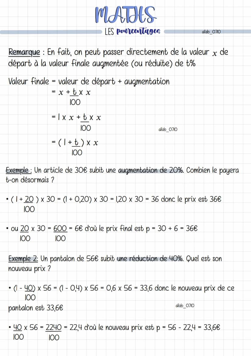 MATHS
LES pourcentages
• Calculer un pourcentage
Pour calculer un pourcentage, on peut exprimer une proportion de
dénominateur 100 ou utilis