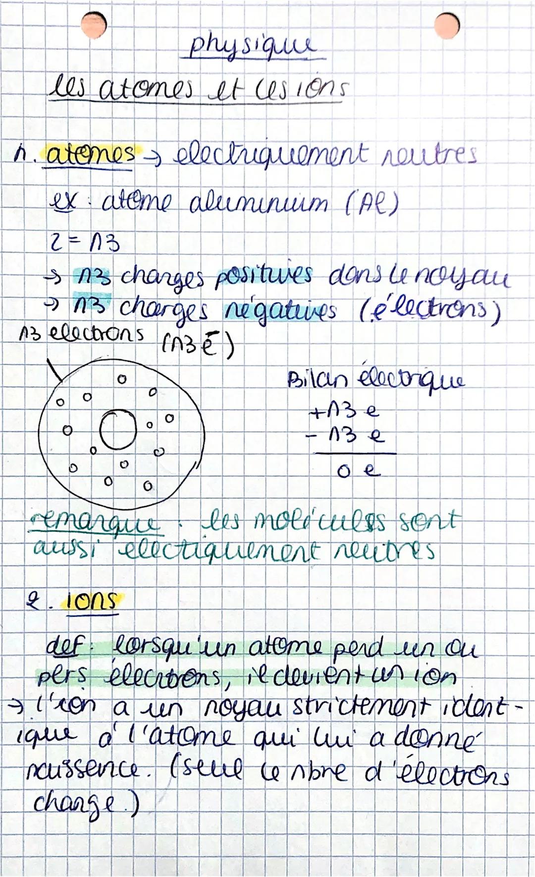 physique
les atomes et lesions
n. atomes → electriquement neutres
ex atome aluminium (Al)
12 = 13
3 n3 charges positives dans le noyau
5 13 