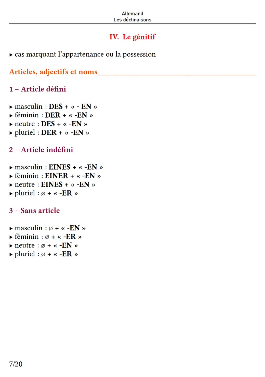► masculin : DER
► féminin : DIE
▸ neutre: DAS
▸ pluriel: DIE
2 - Article indéfini
▸ cas du sujet et de l'attribut du sujet
Articles, adject