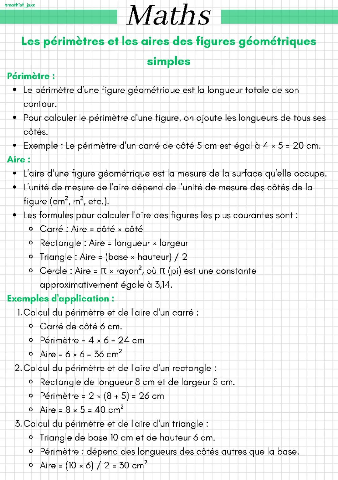 Les périmètres et les aires des figures géométriques simples