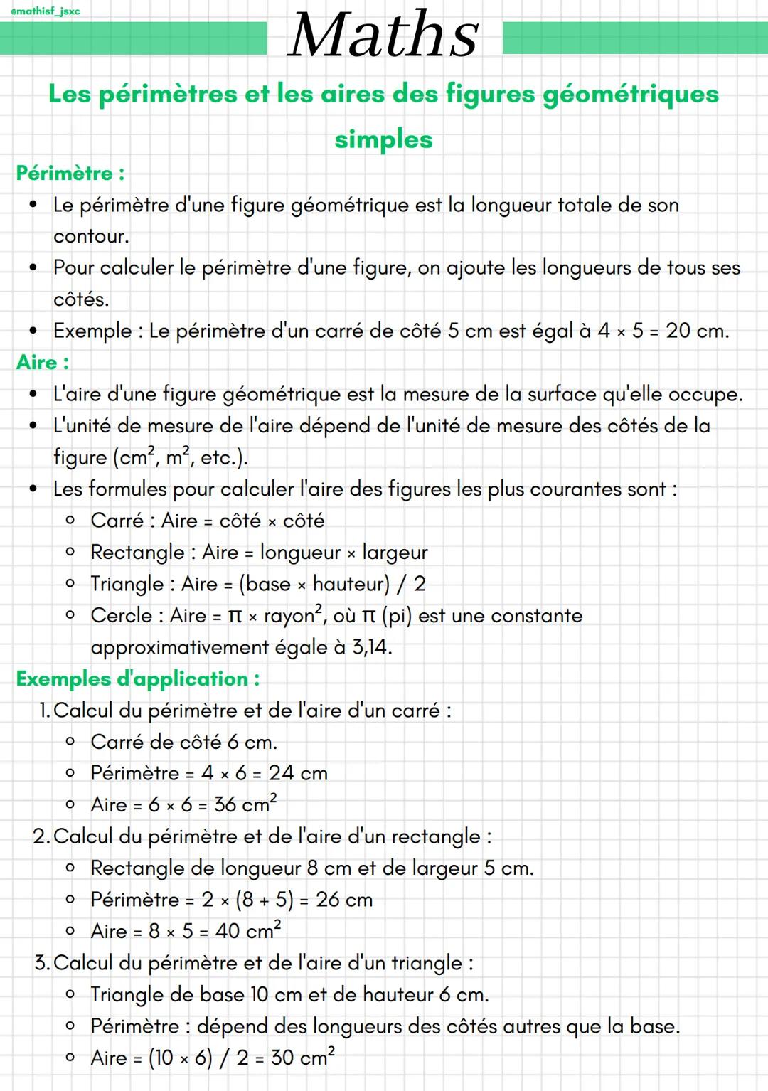 emathisf_jsxc
Périmètre :
Le périmètre d'une figure géométrique est la longueur totale de son
contour.
Pour calculer le périmètre d'une figu