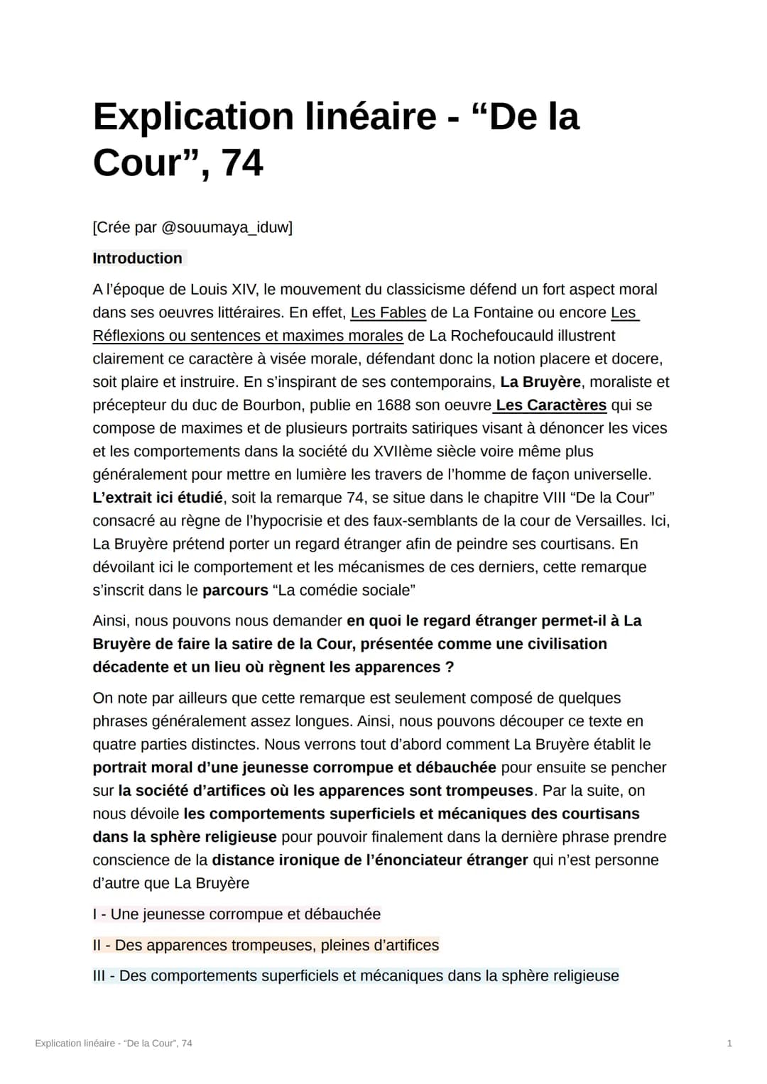 Explication linéaire - "De la
Cour", 74
[Crée par @souumaya_iduw]
Introduction
A l'époque de Louis XIV, le mouvement du classicisme défend u