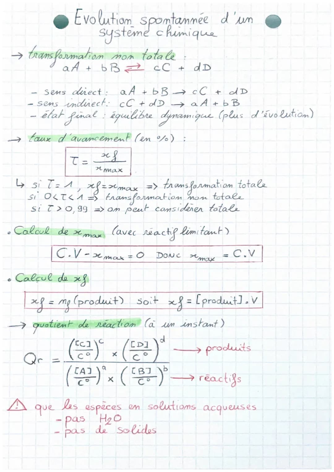 Evolution spontannée d'un
système chimique
->
transformation
mon totale
-
aA + b B = cC + dD
sens direct: aA + bB → cC + dD
sens indirect: C