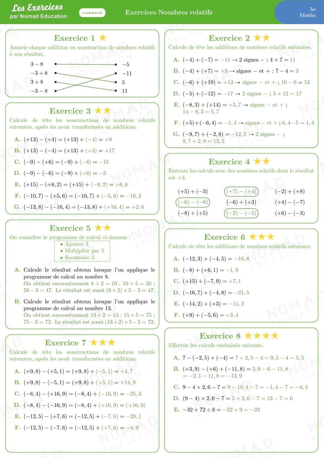 Les Exercices
par Nomad Education
CORRIGÉ
3-8 e
-3+8
3+8 e
-3-8
Exercice 1★
Associe chaque addition ou soustraction de nombres relatifs
à so