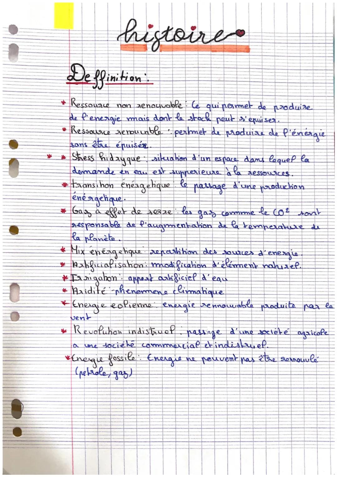 # histoire

De ffinition

*   Ressource non renouvable: Ce qui permet de produire
de l'energie mais dont le stock peut s'equiser.
*   Ressou