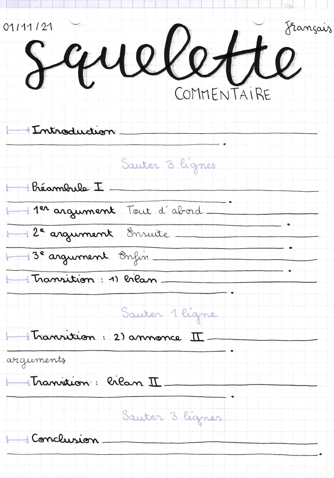 squelette
Introduction
Préambule I
Transition
1er argument Tout d'abord.
2e argument Ensuite
3⁰ argument Enfin
: 1) bilan
Transition
argumen