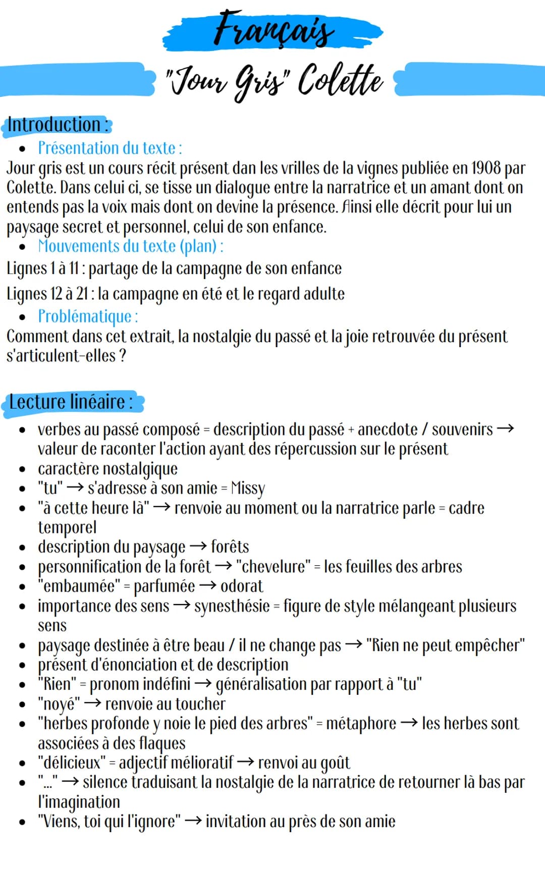 Introduction:
Français
"Jour Gris" Colette
Présentation du texte :
Jour gris est un cours récit présent dan les vrilles de la vignes publiée