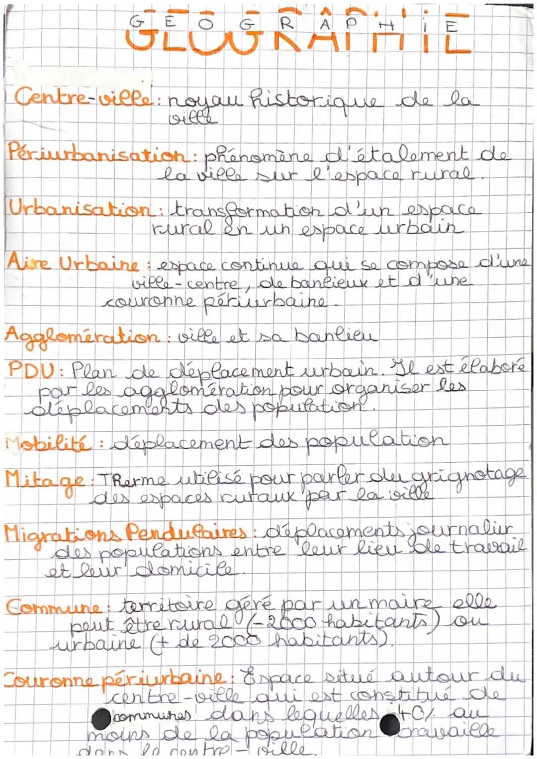 # GEOGRAPHIE
GL
Centre-ville: noyau historique de la
ville

Périurbanisation: phénomène d'étalement de
la ville sur l'espace rural

Urbanisa