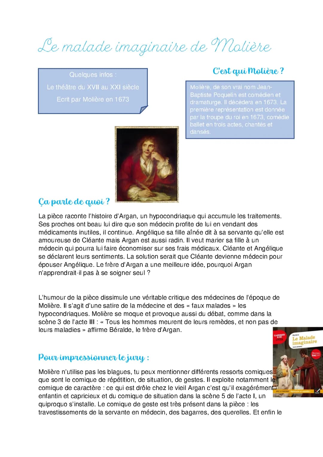 Résumé Le Malade imaginaire acte par acte et scène par scène de Molière