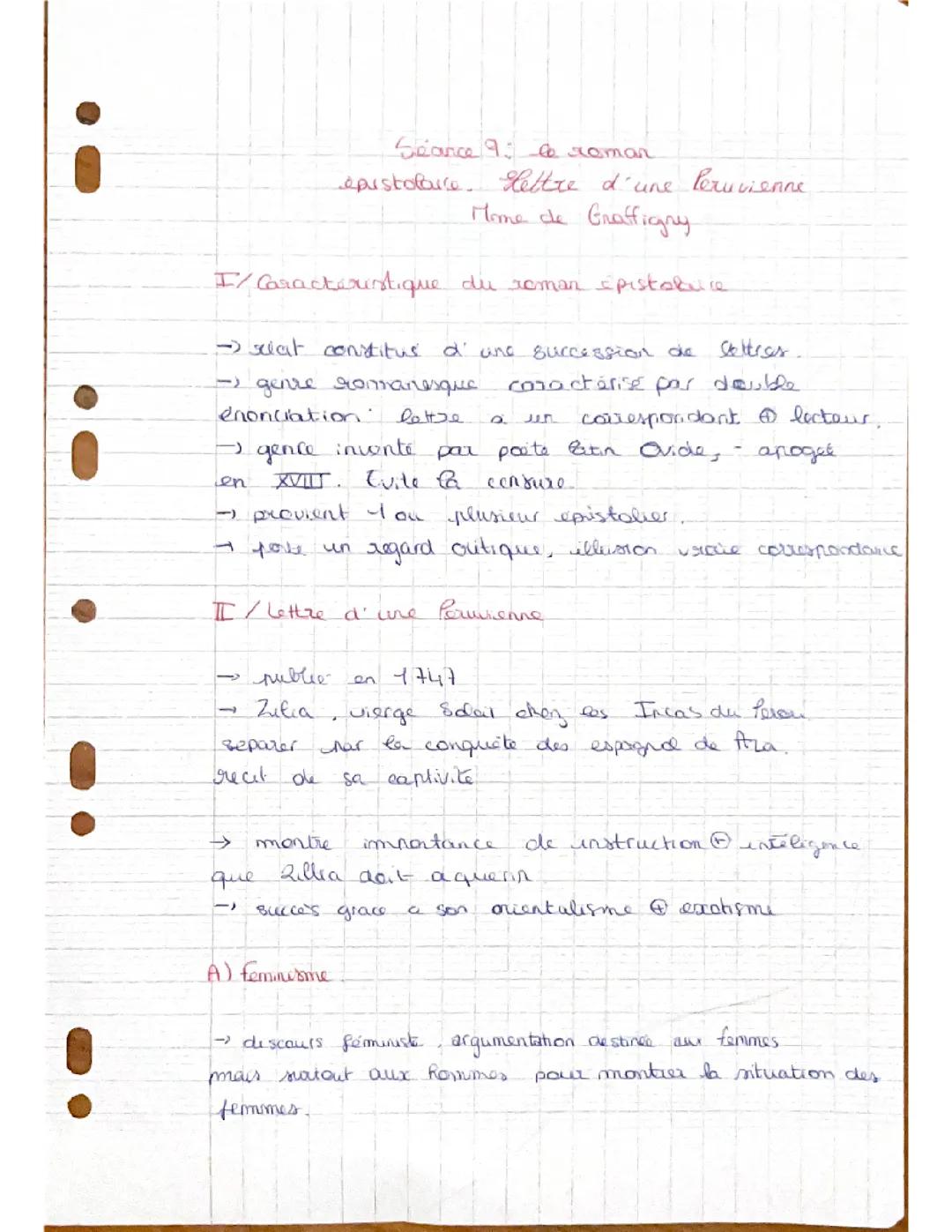  Fiche de lecture sur le roman épistolaire, lettre d’une péruvienne, Madame de Graffigny 