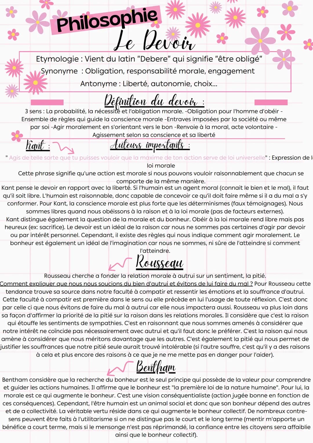 "I
Philosophie
Le Devoir
Etymologie: Vient du latin "Debere" qui signifie "être obligé"
Synonyme : Obligation, responsabilité morale, engage
