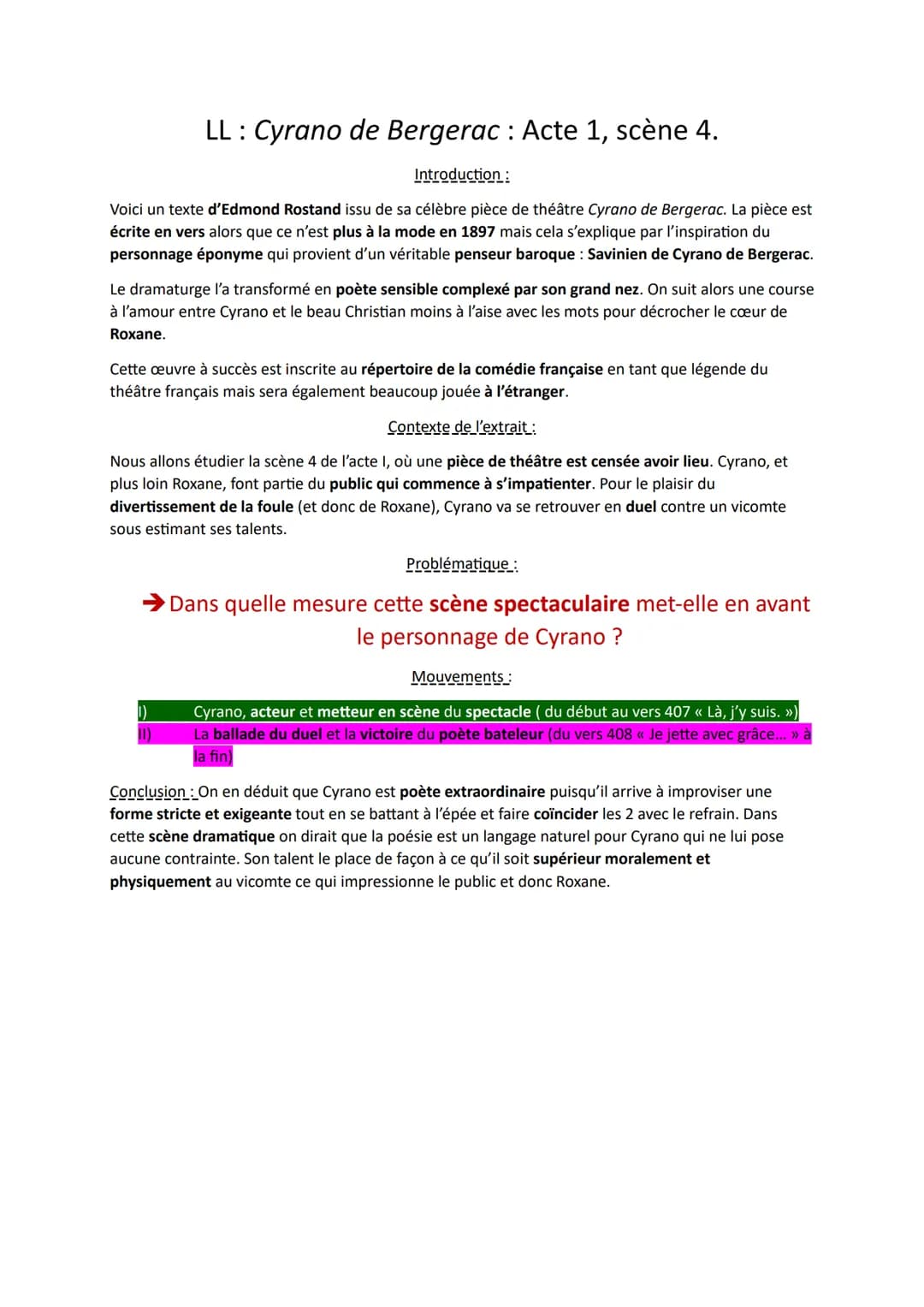 LL: Cyrano de Bergerac : Acte 1, scène 4.
Introduction:
Voici un texte d'Edmond Rostand issu de sa célèbre pièce de théâtre Cyrano de Berger