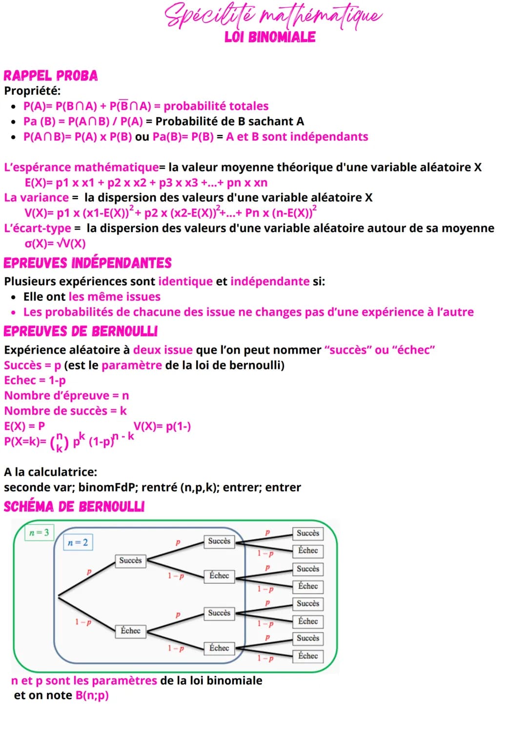 Spécilité mathématique
LOI BINOMIALE
RAPPEL PROBA
Propriété:
•
P(A)= P(BNA) + P(BNA) = probabilité totales
• Pa (B) = P(ANB) / P(A) = Probab