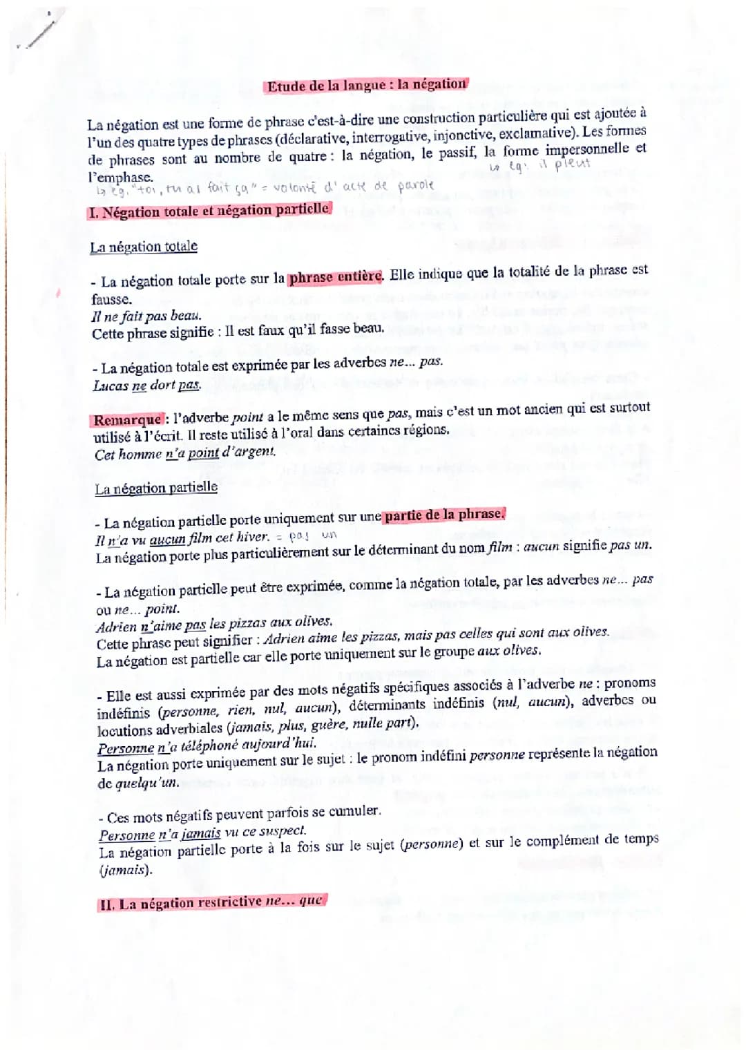 La négation - cours 