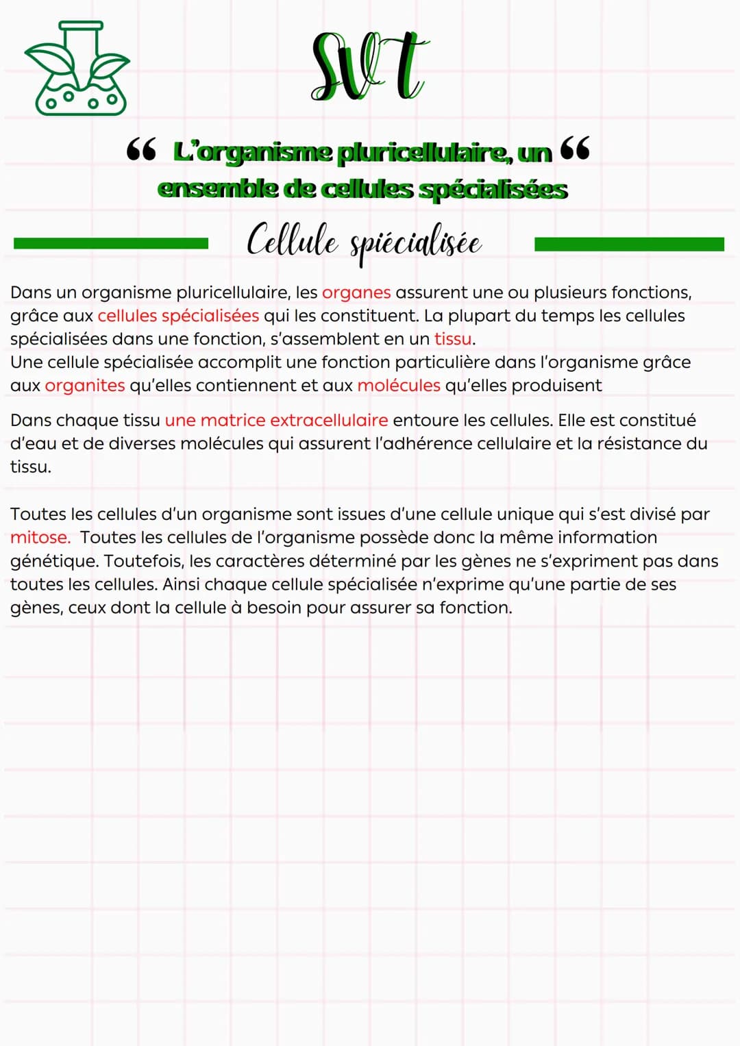 svt
66 L'organisme pluricellulaire, un 66
ensemble de cellules spécialisées
Lexique
Cellule : Unité structurale et fonctionnelle du vivant, 