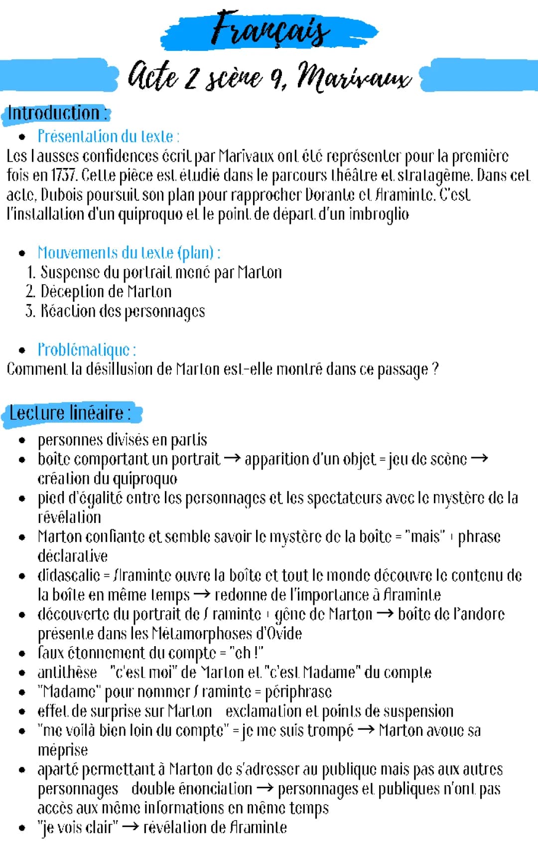 Analyse linéaire des scènes d'Acte 2 et 3 de Les Fausses Confidences
