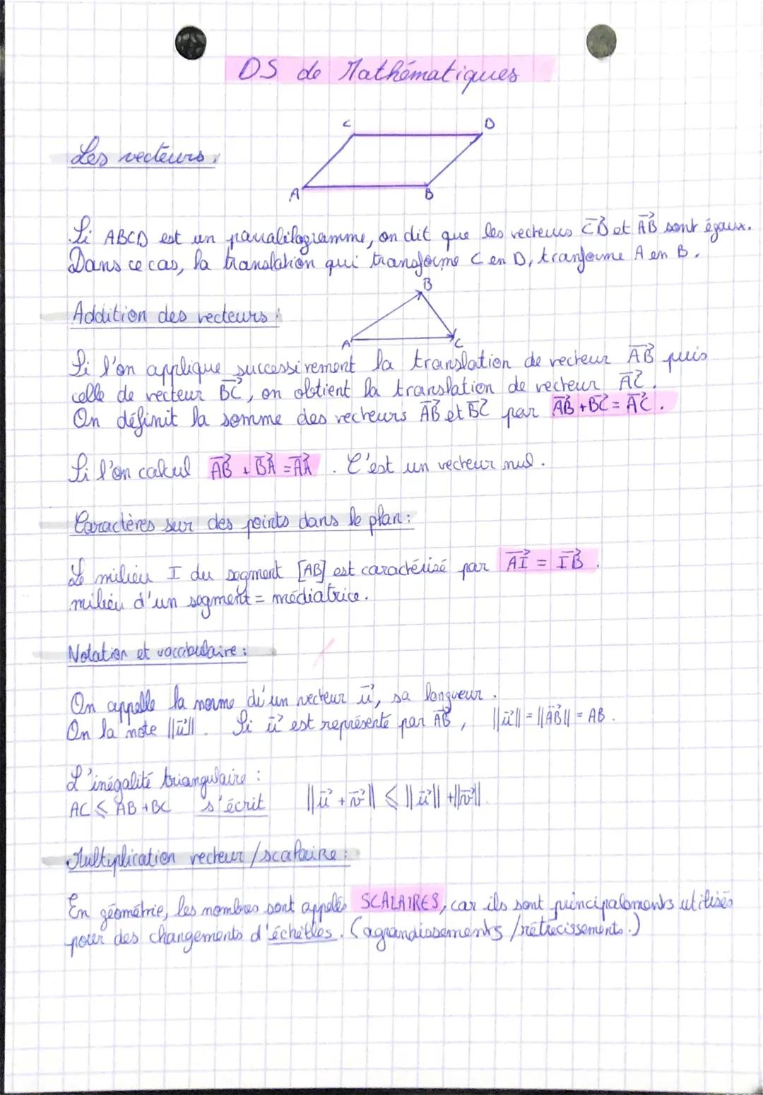 Les vecteurs.
Li ABCD est un
Dans
ce cas,
DS de Mathématiques
A
C
B
L'inégalité triangulaire :
AC AB + BC
s'écrit
pavalilogramme,
on dit
que