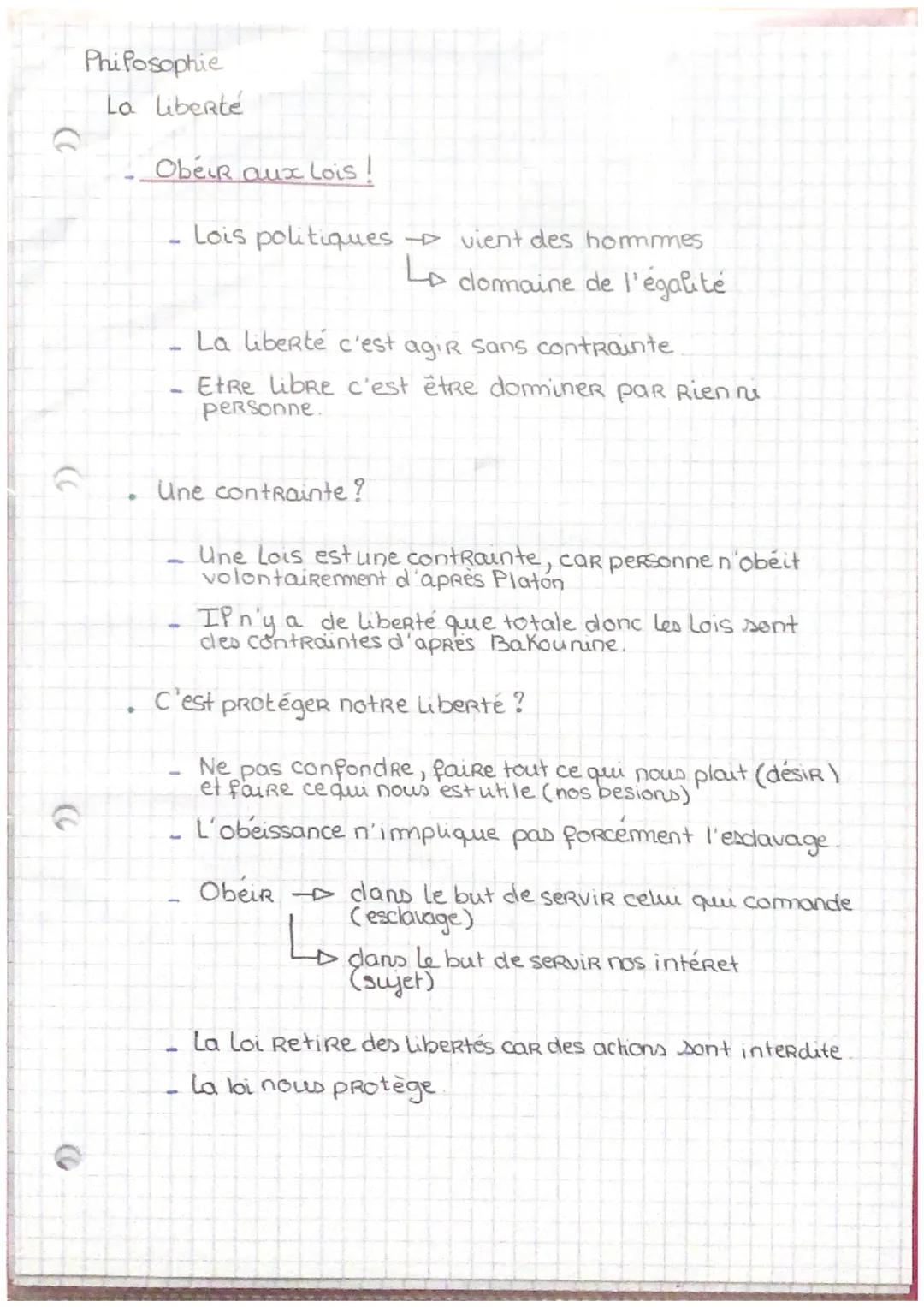 2)
Philosophie
La liberté
Obéir aux lois !
Lois politiques - vient des hommes
Le domaine de l'égalité
La liberté c'est agir sans contrainte
