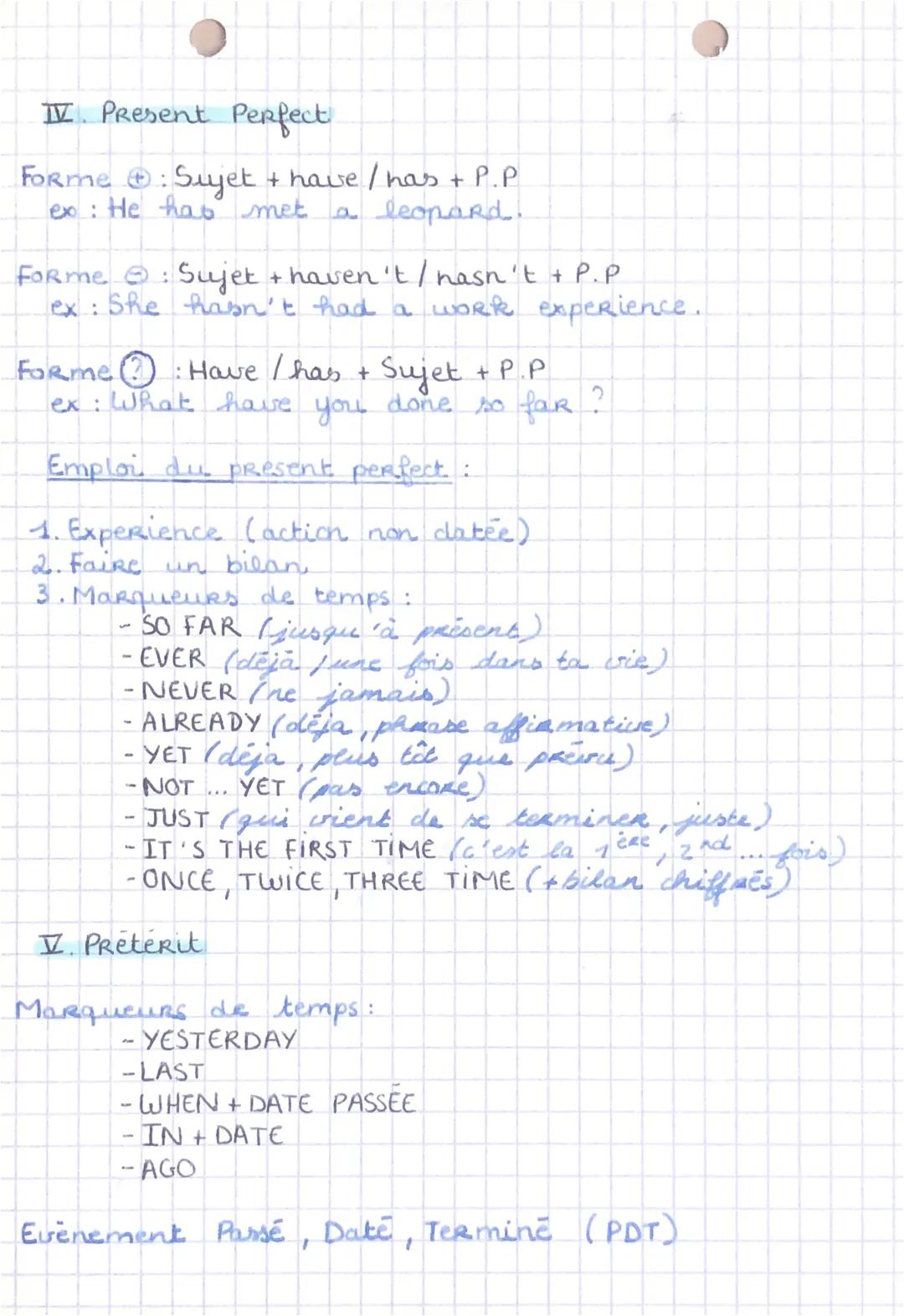 # Anglais

I. Wishes

1. Would like to + BV
ex: I would like to go to Australia

2. Sujet + wish + sujet + preterit (didn't + BV)
ex: I wish