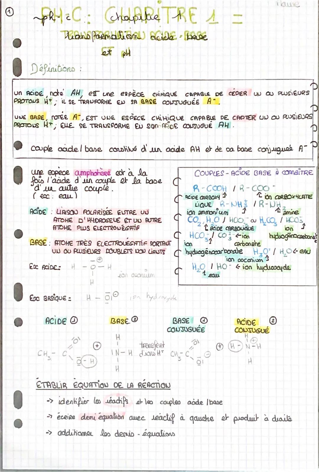 # Have

PRC: Chapitre TRE 1 =

Reans Poemation acide base

et PH

Définitions:

UN ACIDE, note AH, est une espÈCE CHINIQUE CAPABLE DE CÉDER 
