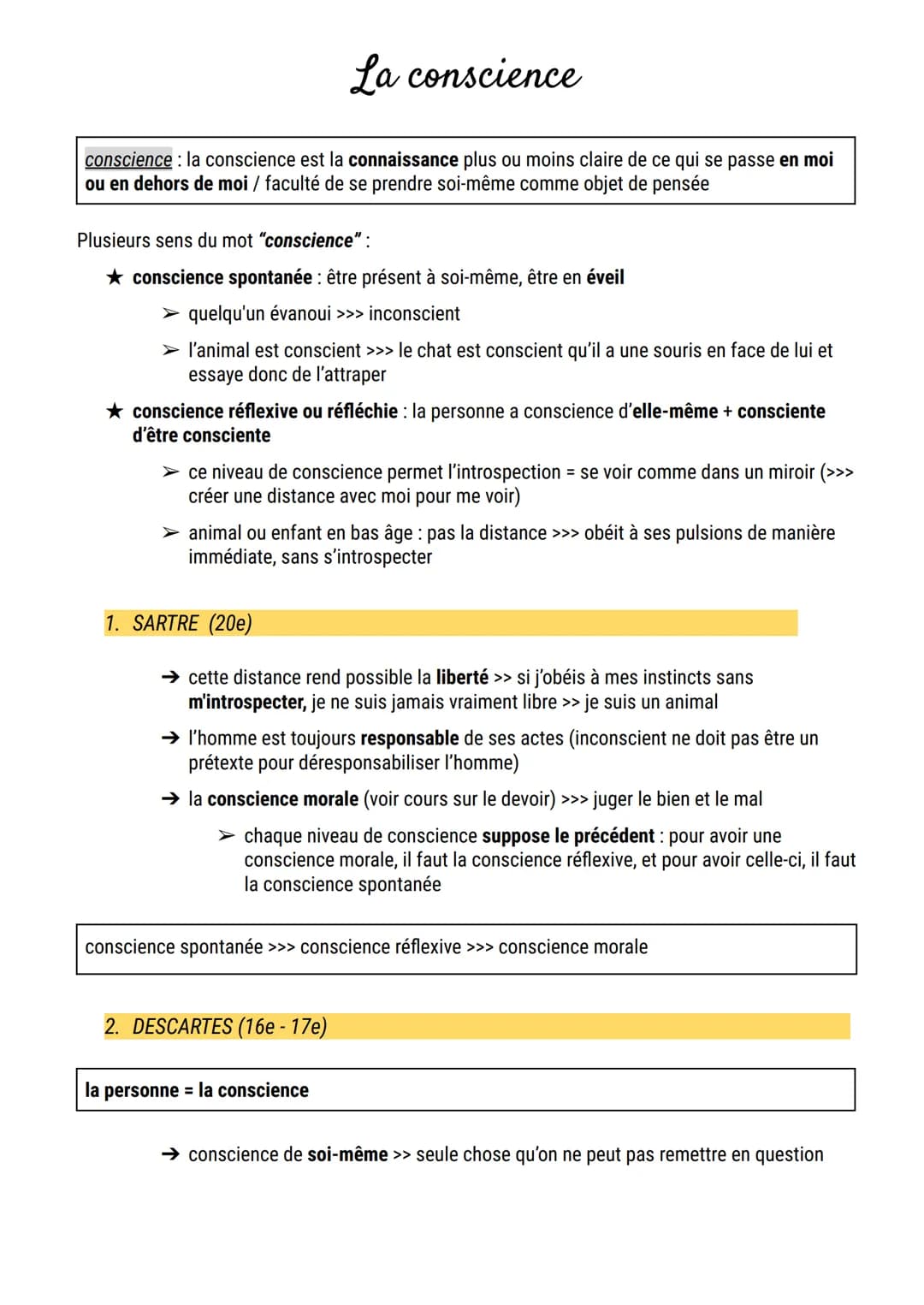 La conscience
conscience: la conscience est la connaissance plus ou moins claire de ce qui se passe en moi
ou en dehors de moi / faculté de 