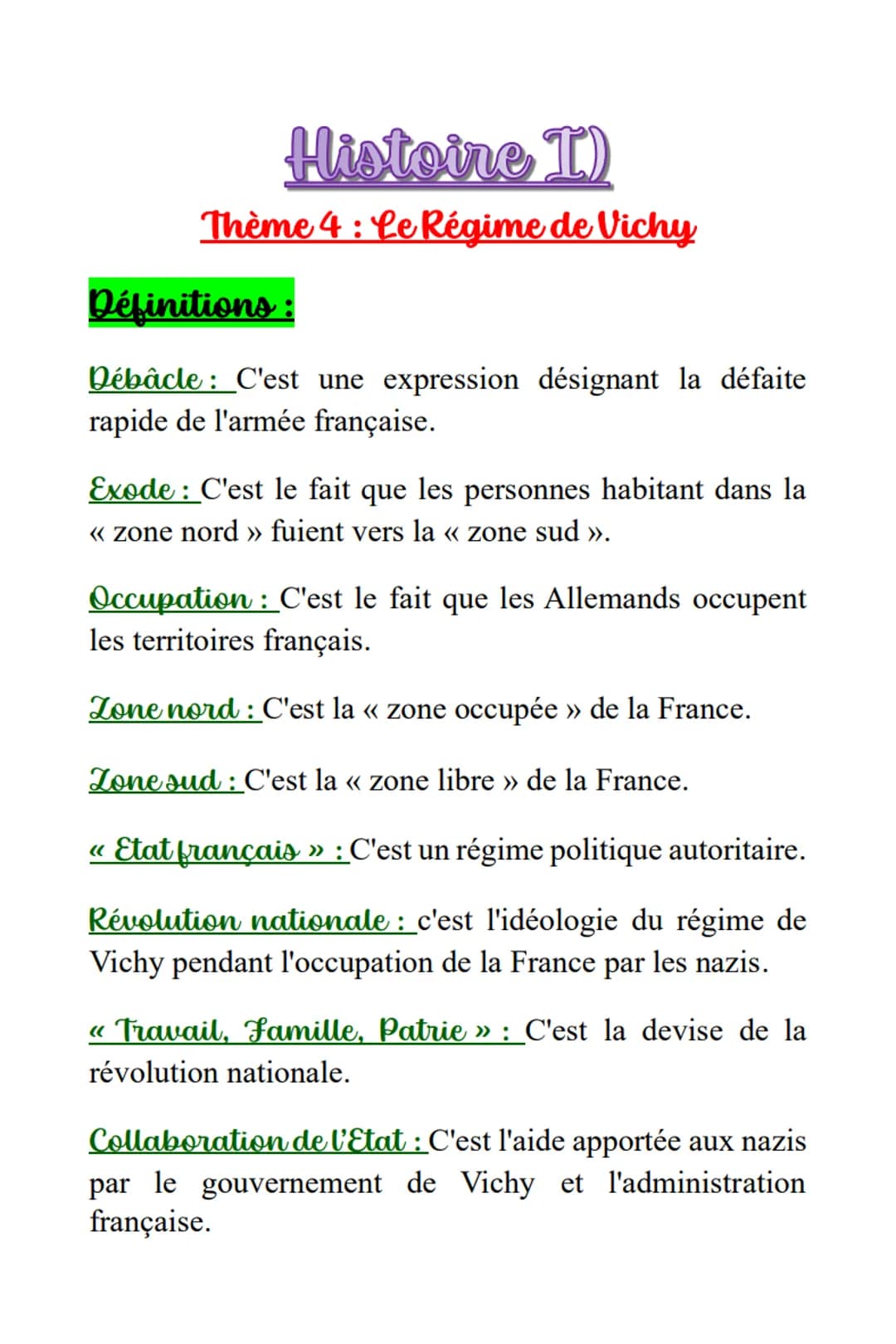 Histoire I)
Thème 4: Le Régime de Vichy
Définitions
Débâcle: C'est une expression désignant la défaite
rapide de l'armée française.
Exode: C