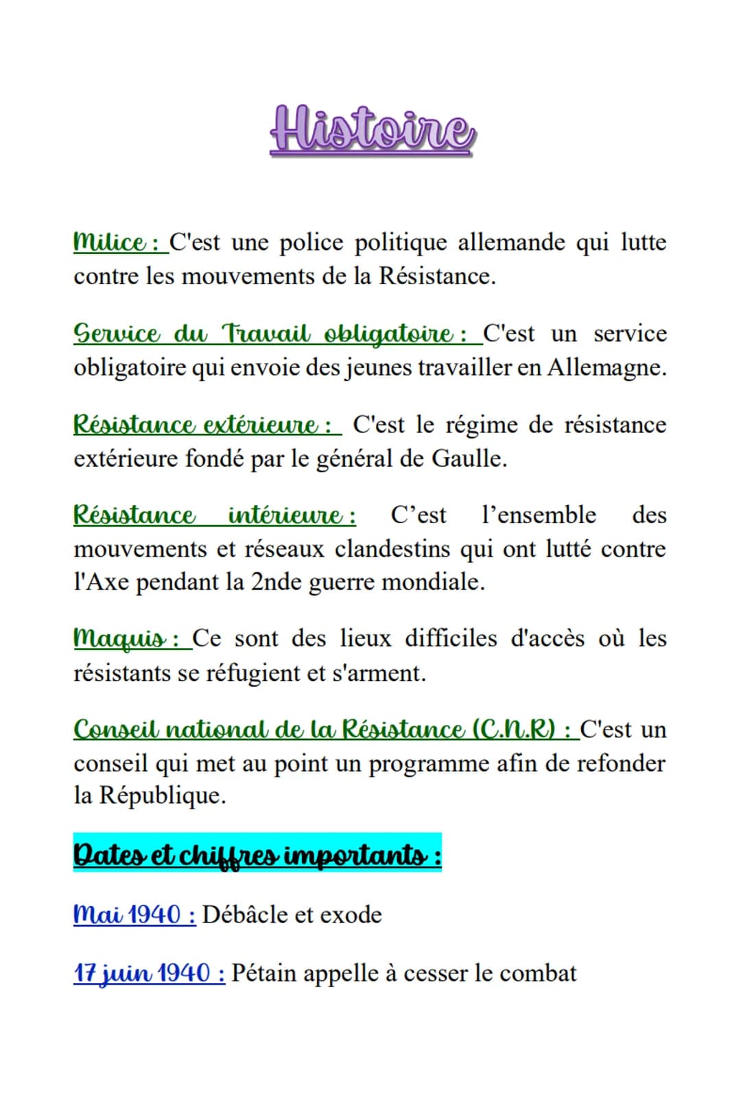 Histoire I)
Thème 4: Le Régime de Vichy
Définitions
Débâcle: C'est une expression désignant la défaite
rapide de l'armée française.
Exode: C