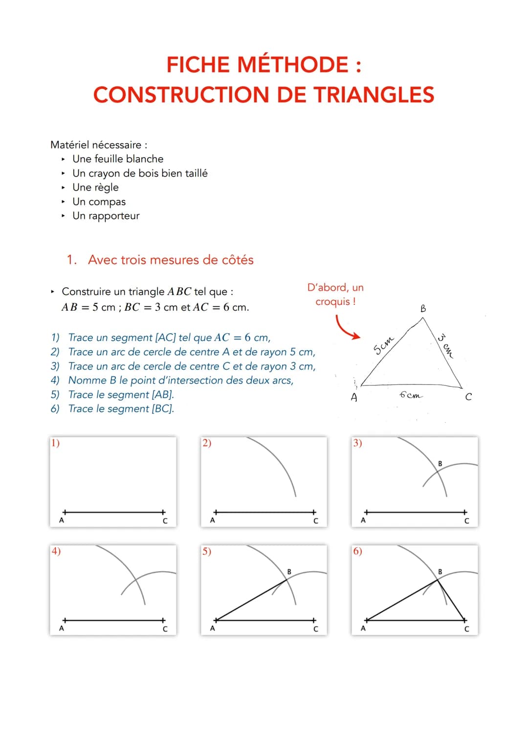 Matériel nécessaire :
1)
FICHE MÉTHODE :
CONSTRUCTION DE TRIANGLES
► Une feuille blanche
► Un crayon de bois bien taillé
► Une règle
4)
Un c