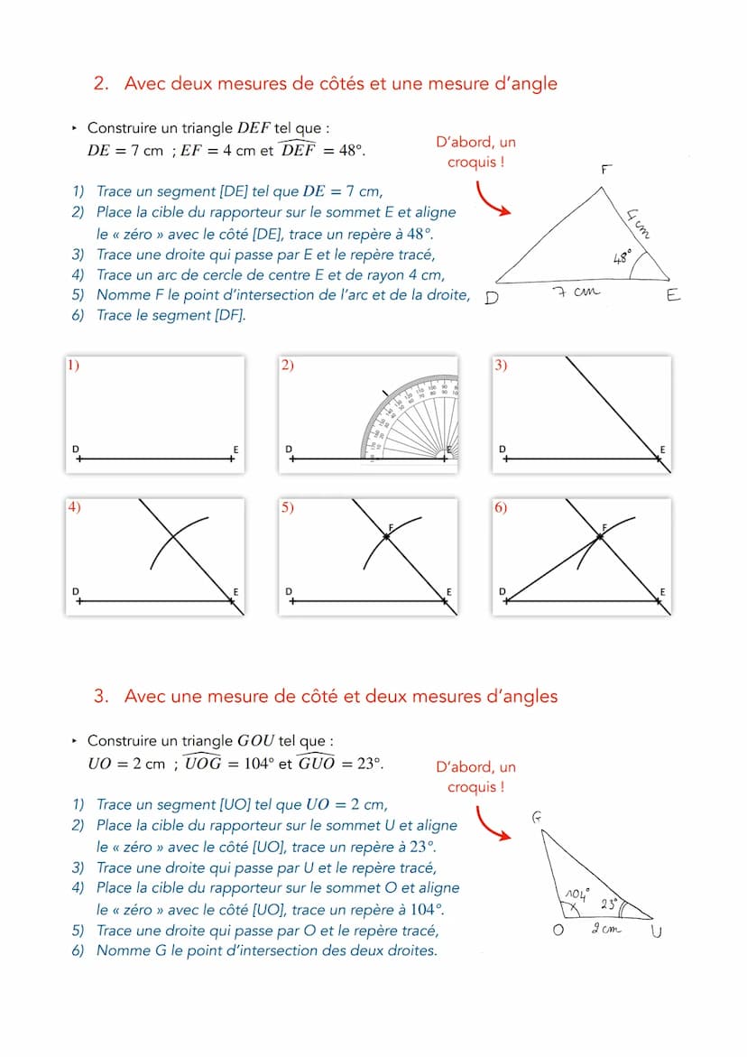 Matériel nécessaire :
1)
FICHE MÉTHODE :
CONSTRUCTION DE TRIANGLES
► Une feuille blanche
► Un crayon de bois bien taillé
► Une règle
4)
Un c