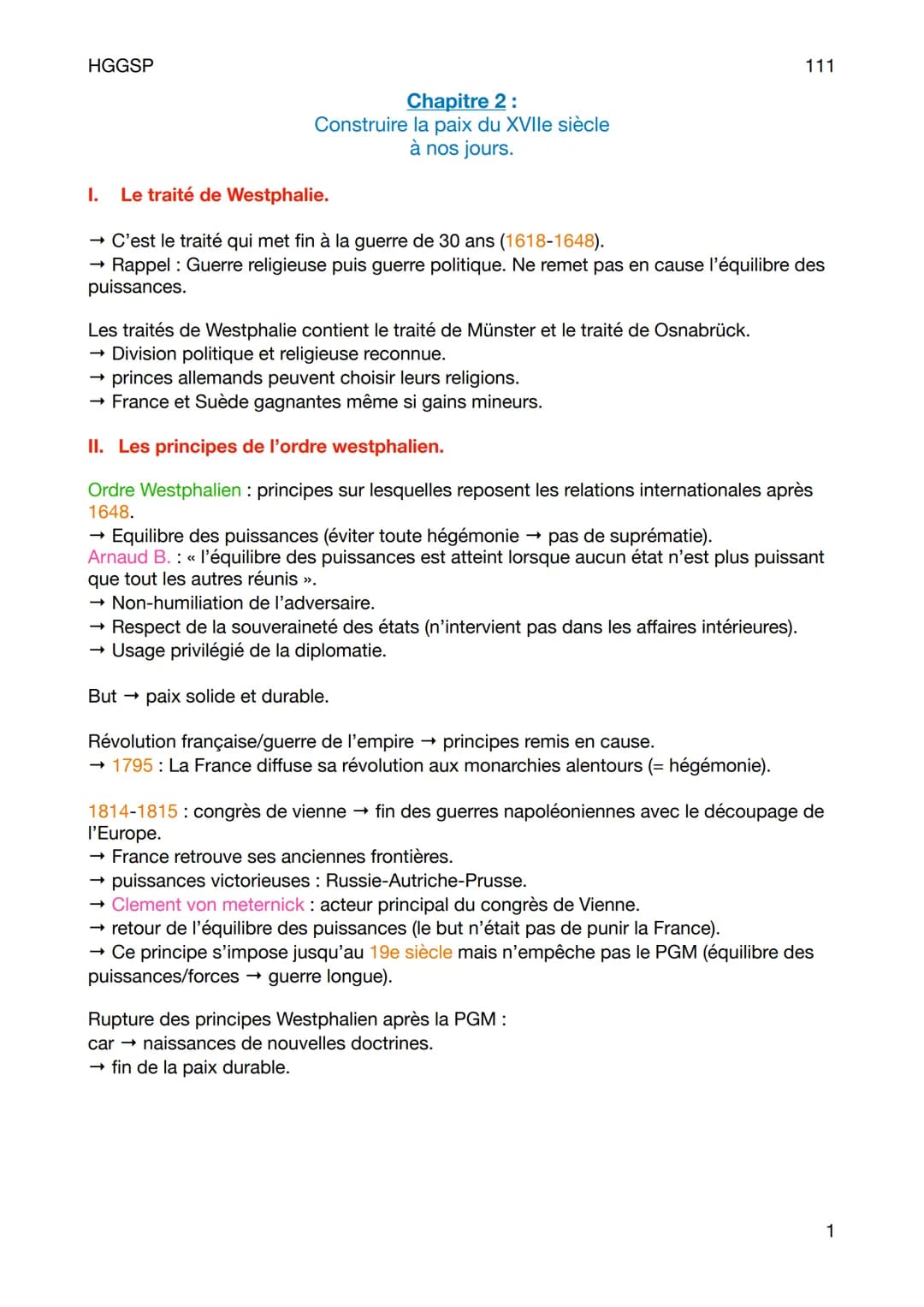 HGGSP
I.
Chapitre 2 :
Construire la paix du XVIIe siècle
à nos jours.
Le traité de Westphalie.
→ C'est le traité qui met fin à la guerre de 