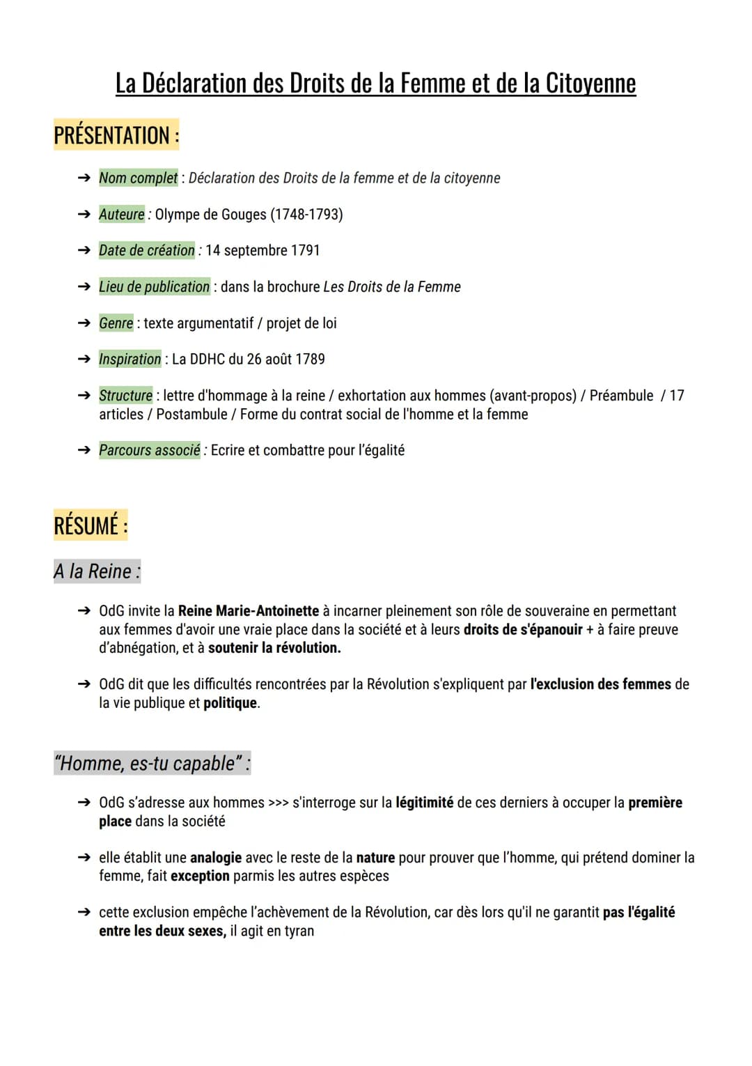 La Déclaration des Droits de la Femme et de la Citoyenne
PRÉSENTATION :
→ Nom complet : Déclaration des Droits de la femme et de la citoyenn