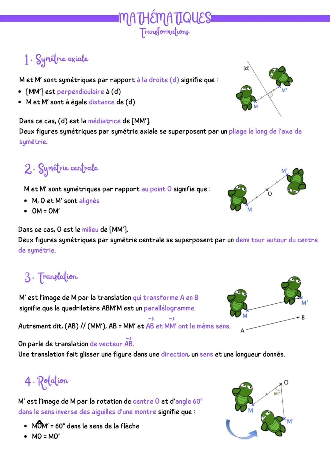 ▪MATHÉMATIQUES
Transformations
1. Symétrie axiale
Met M' sont symétriques par rapport à la droite (d) signifie que :
[MM] est perpendiculair