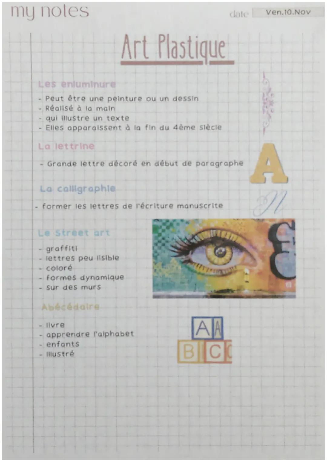 my notes
Les enluminure
Peut être une peinture ou un dessin
Réalisé à la main
Art Plastique
qui illustre un texte
Elles apparaissent à la fi