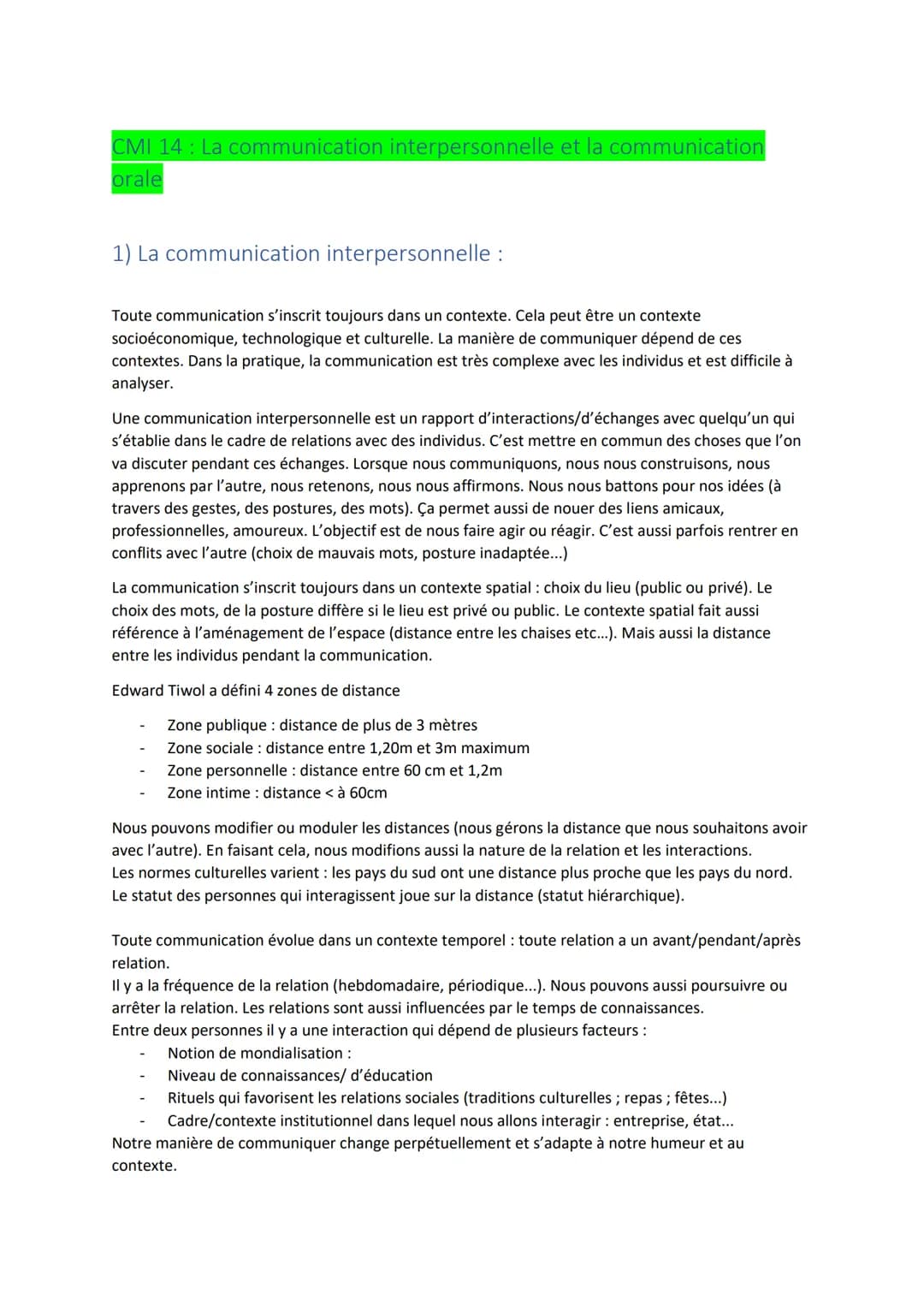 CMI 14: La communication interpersonnelle et la communication
orale
1) La communication interpersonnelle :
Toute communication s'inscrit tou