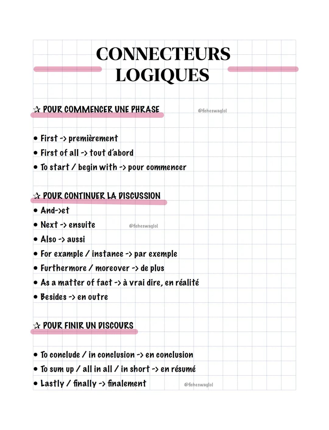 CONNECTEURS
LOGIQUES
POUR COMMENCER UNE PHRASE
• First-> premièrement
• First of all -> tout d'abord
To start / begin with -> pour commencer